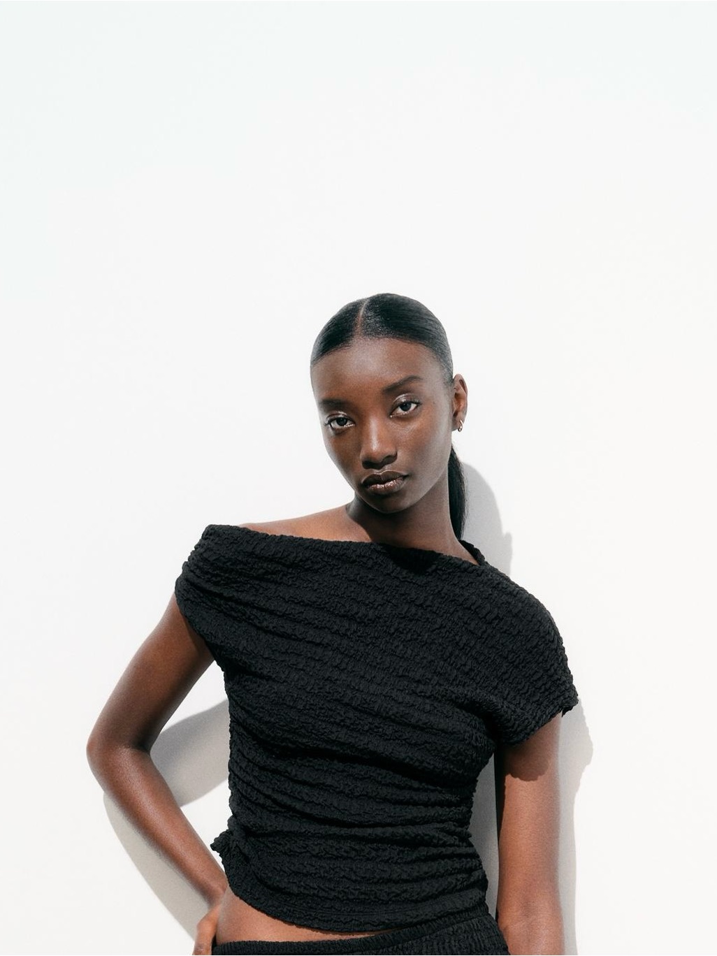 Zara Black Textured Off-Shoulder Short Sleeve Top